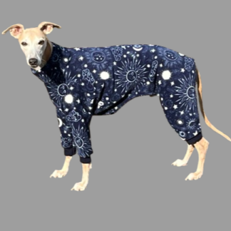 Fleece onesie for whippets and greyhounds. Navy Sun & Planets. The Smart Dog Company