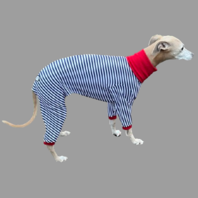 Whippet Onesie - Navy Stripe - Red Collar & Cuffs The Smart Dog Company